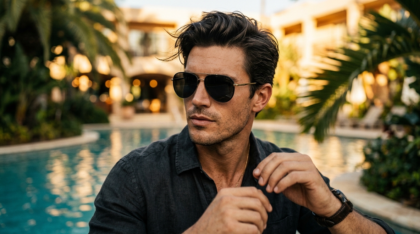 Model wearing Aero Kaze sunglasses at luxury poolside setting