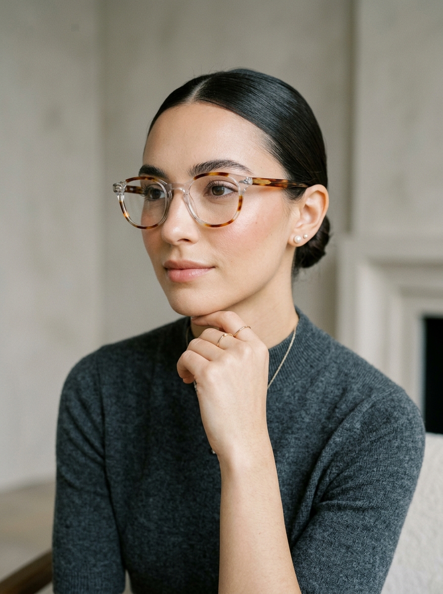 Elegant model wearing Aero Kaze tortoiseshell optical frames