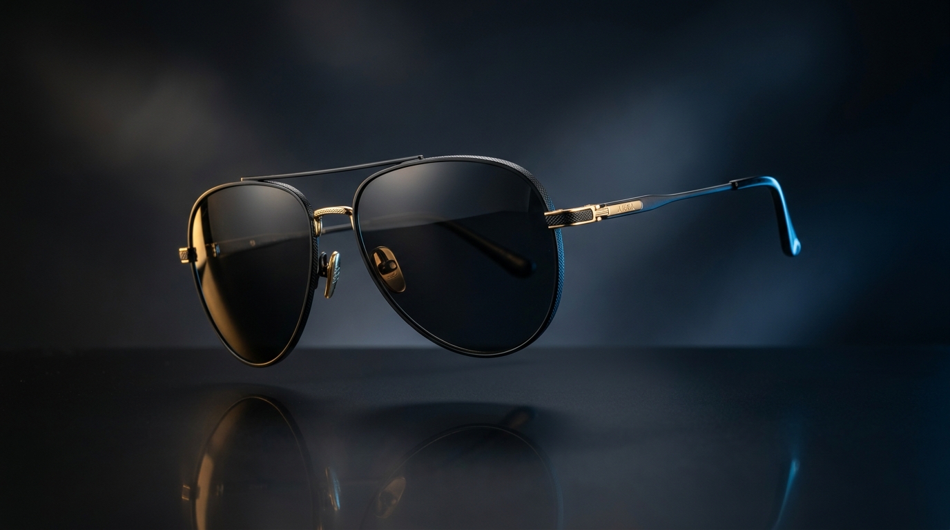 Premium Aero Kaze aviator sunglasses on reflective dark surface